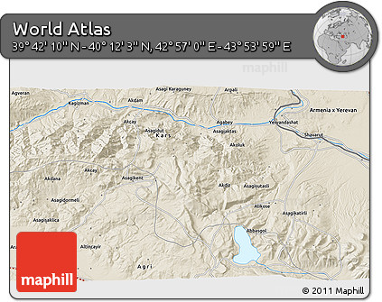 Shaded Relief 3D Map of the Area around 39° 57' 6" N, 43° 25' 29" E