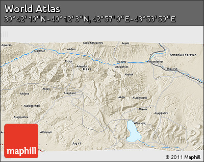 Shaded Relief 3D Map of the Area around 39° 57' 6" N, 43° 25' 29" E