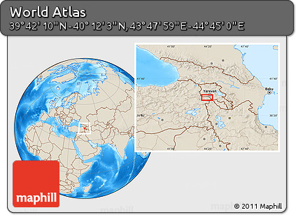 Shaded Relief Location Map of the Area around 39° 57' 6" N, 44° 16' 29" E