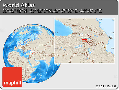 Shaded Relief Location Map of the Area around 39° 57' 6" N, 44° 16' 29" E