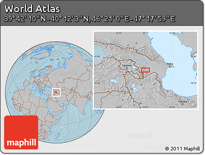 Gray Location Map of the Area around 39° 57' 6" N, 46° 49' 30" E, hill shading