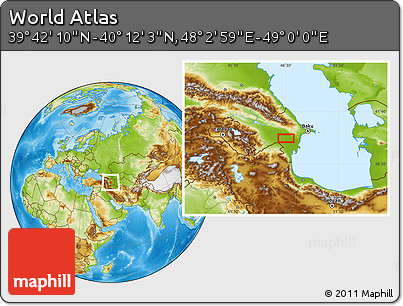 Physical Location Map of the Area around 39° 57' 6" N, 48° 31' 29" E