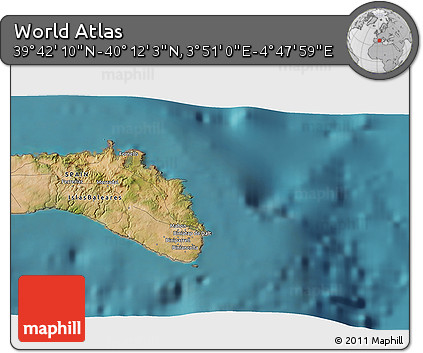 Satellite 3D Map of the Area around 39° 57' 6" N, 4° 19' 30" E