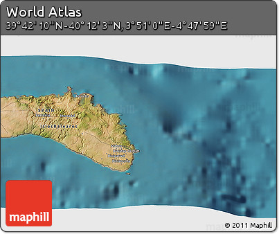 Satellite 3D Map of the Area around 39° 57' 6" N, 4° 19' 30" E