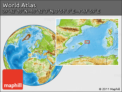 Physical Location Map of the Area around 39° 57' 6" N, 4° 19' 30" E