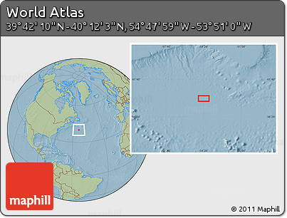 Savanna Style Location Map of the Area around 39° 57' 6" N, 54° 19' 30" W, hill shading