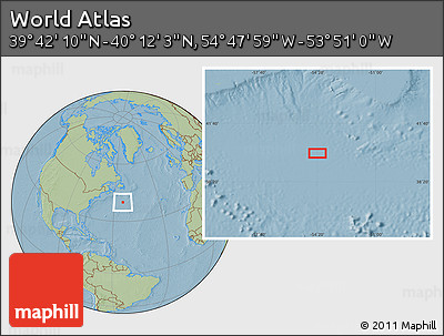 Savanna Style Location Map of the Area around 39° 57' 6" N, 54° 19' 30" W, hill shading