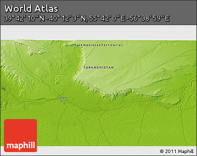 Physical 3D Map of the Area around 39° 57' 6" N, 56° 10' 29" E