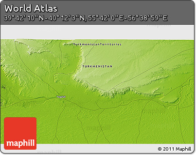 Physical 3D Map of the Area around 39° 57' 6" N, 56° 10' 29" E