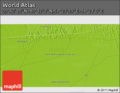 Physical 3D Map of the Area around 39° 57' 6" N, 57° 52' 30" E