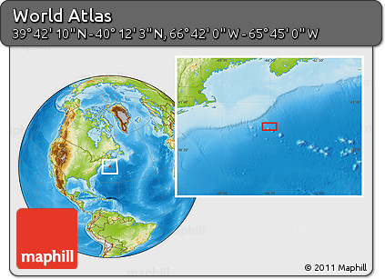 Physical Location Map of the Area around 39° 57' 6" N, 66° 13' 29" W