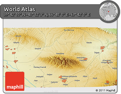 Physical 3D Map of the Area around 39° 57' 6" N, 67° 13' 29" E