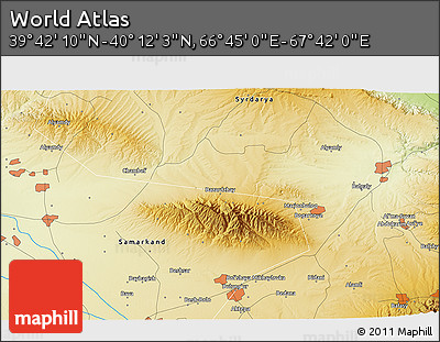 Physical 3D Map of the Area around 39° 57' 6" N, 67° 13' 29" E