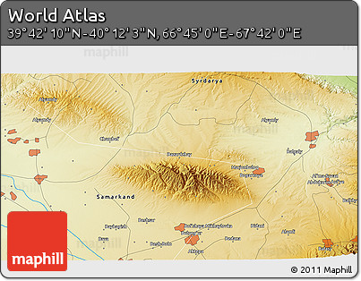Physical 3D Map of the Area around 39° 57' 6" N, 67° 13' 29" E