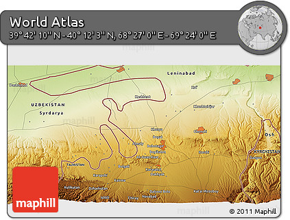 Physical 3D Map of the Area around 39° 57' 6" N, 68° 55' 30" E