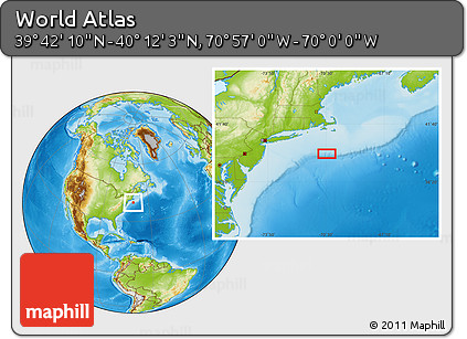 Physical Location Map of the Area around 39° 57' 6" N, 70° 28' 29" W