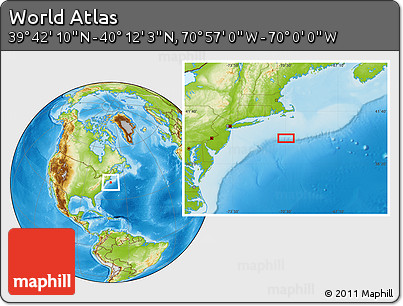 Physical Location Map of the Area around 39° 57' 6" N, 70° 28' 29" W