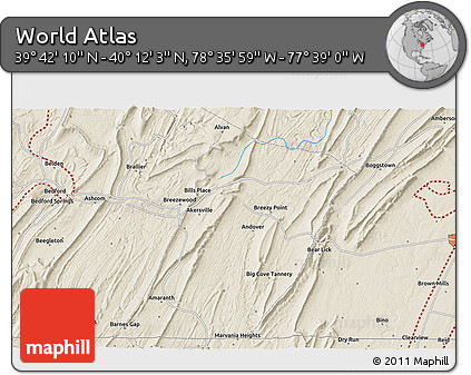 Shaded Relief 3D Map of the Area around 39° 57' 6" N, 78° 7' 30" W
