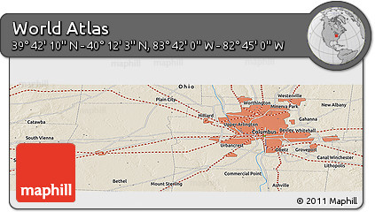 Shaded Relief Panoramic Map of the Area around 39° 57' 6" N, 83° 13' 29" W