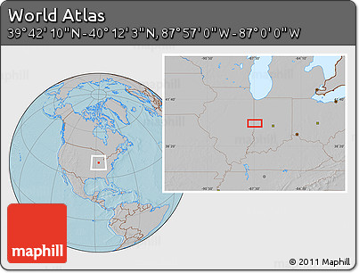 Gray Location Map of the Area around 39° 57' 6" N, 87° 28' 29" W, hill shading