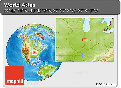 Physical Location Map of the Area around 39° 57' 6" N, 87° 28' 29" W