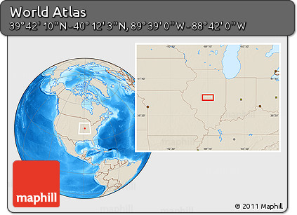 Shaded Relief Location Map of the Area around 39° 57' 6" N, 89° 10' 30" W