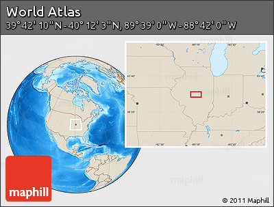 Shaded Relief Location Map of the Area around 39° 57' 6" N, 89° 10' 30" W