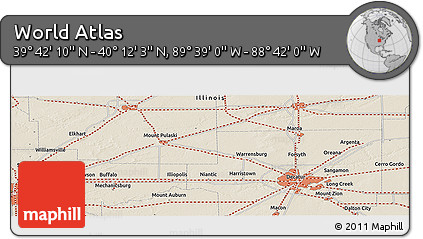 Shaded Relief Panoramic Map of the Area around 39° 57' 6" N, 89° 10' 30" W
