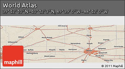 Shaded Relief Panoramic Map of the Area around 39° 57' 6" N, 89° 10' 30" W
