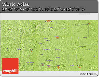 Physical 3D Map of the Area around 39° 57' 6" N, 92° 34' 29" W