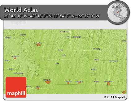 Physical 3D Map of the Area around 39° 57' 6" N, 93° 25' 30" W