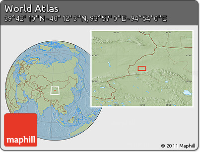 Savanna Style Location Map of the Area around 39° 57' 6" N, 94° 25' 30" E, hill shading
