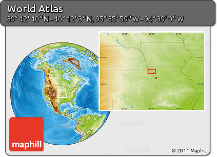 Physical Location Map of the Area around 39° 57' 6" N, 95° 7' 30" W