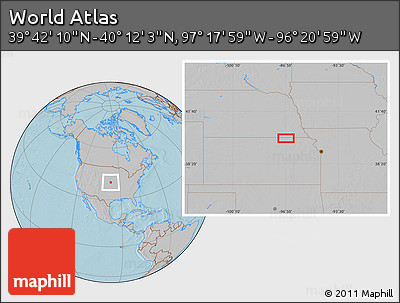 Gray Location Map of the Area around 39° 57' 6" N, 96° 49' 29" W, hill shading