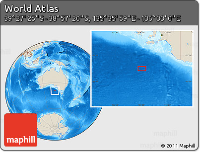 Shaded Relief Location Map of the Area around 39° 12' 22" S, 136° 4' 29" E