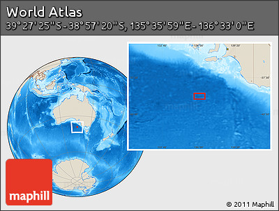 Shaded Relief Location Map of the Area around 39° 12' 22" S, 136° 4' 29" E