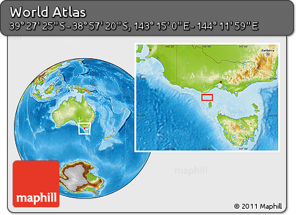 Physical Location Map of the Area around 39° 12' 22" S, 143° 43' 29" E