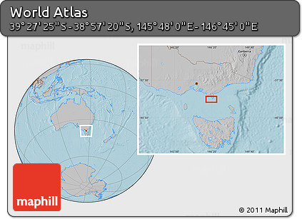 Gray Location Map of the Area around 39° 12' 22" S, 146° 16' 30" E, hill shading
