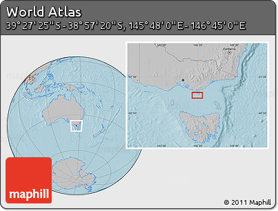 Gray Location Map of the Area around 39° 12' 22" S, 146° 16' 30" E, hill shading
