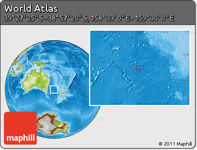 Physical Location Map of the Area around 39° 12' 22" S, 159° 1' 30" E