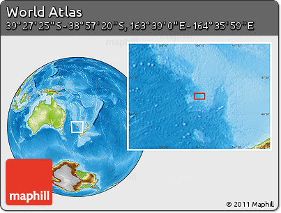 Physical Location Map of the Area around 39° 12' 22" S, 164° 7' 30" E