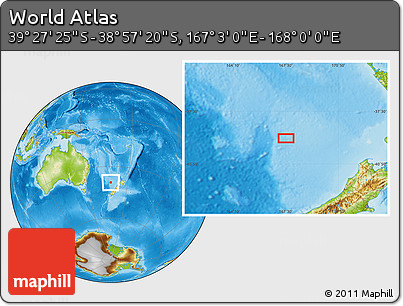 Physical Location Map of the Area around 39° 12' 22" S, 167° 31' 30" E