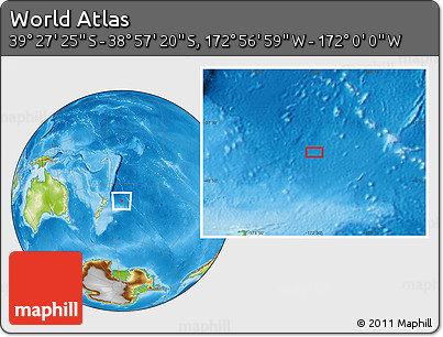 Physical Location Map of the Area around 39° 12' 22" S, 172° 28' 29" W