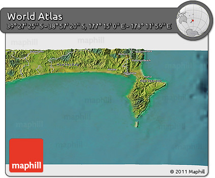 Satellite 3D Map of the Area around 39° 12' 22" S, 177° 43' 29" E