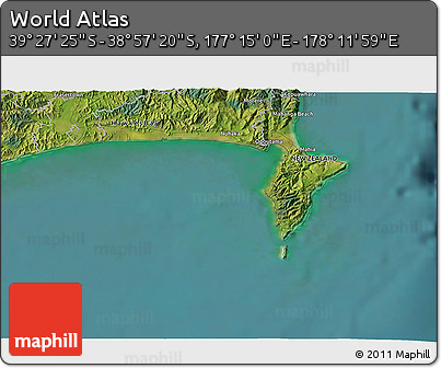 Satellite 3D Map of the Area around 39° 12' 22" S, 177° 43' 29" E