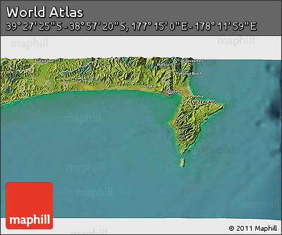 Satellite 3D Map of the Area around 39° 12' 22" S, 177° 43' 29" E