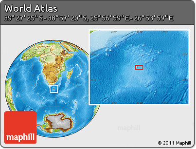 Physical Location Map of the Area around 39° 12' 22" S, 26° 25' 29" E