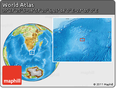Physical Location Map of the Area around 39° 12' 22" S, 27° 16' 29" E