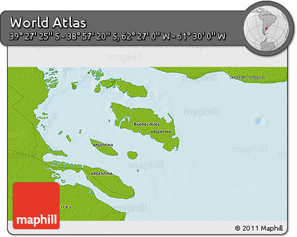 Physical 3D Map of the Area around 39° 12' 22" S, 61° 58' 30" W