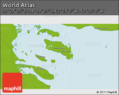 Physical 3D Map of the Area around 39° 12' 22" S, 61° 58' 30" W
